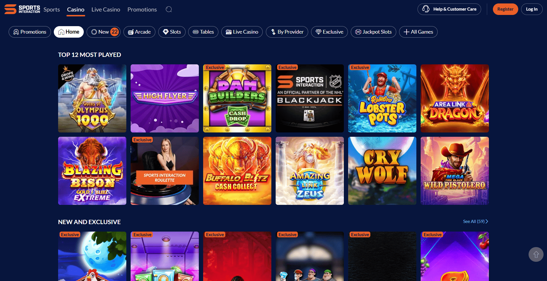 screenshot of the sia casino homepage
