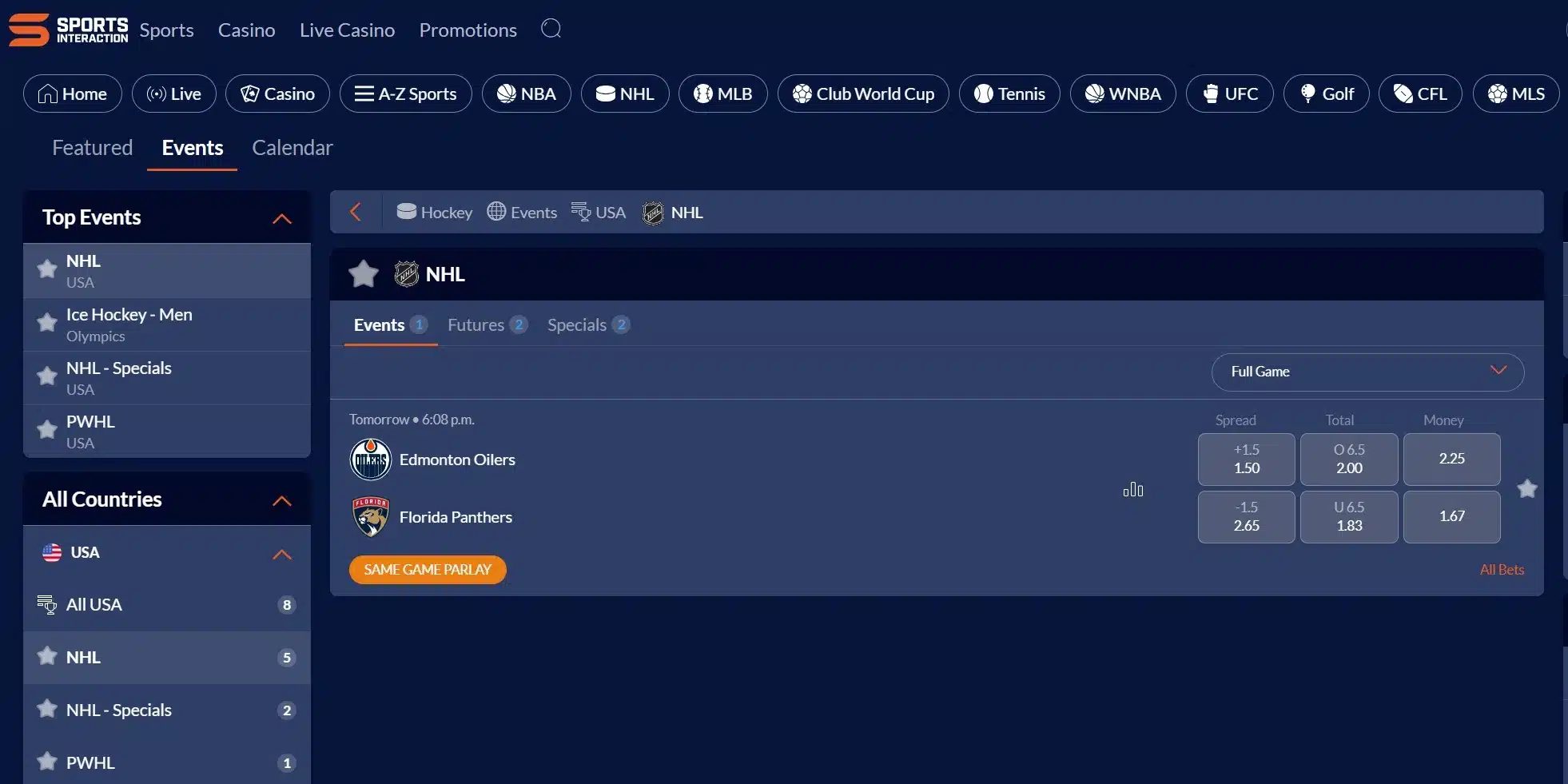 A screenshot desktop view of Sports Interaction's NHL betting page