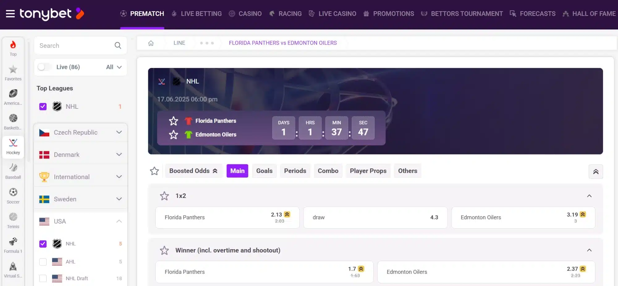 A screenshot desktop view of TonyBet's NHL betting page
