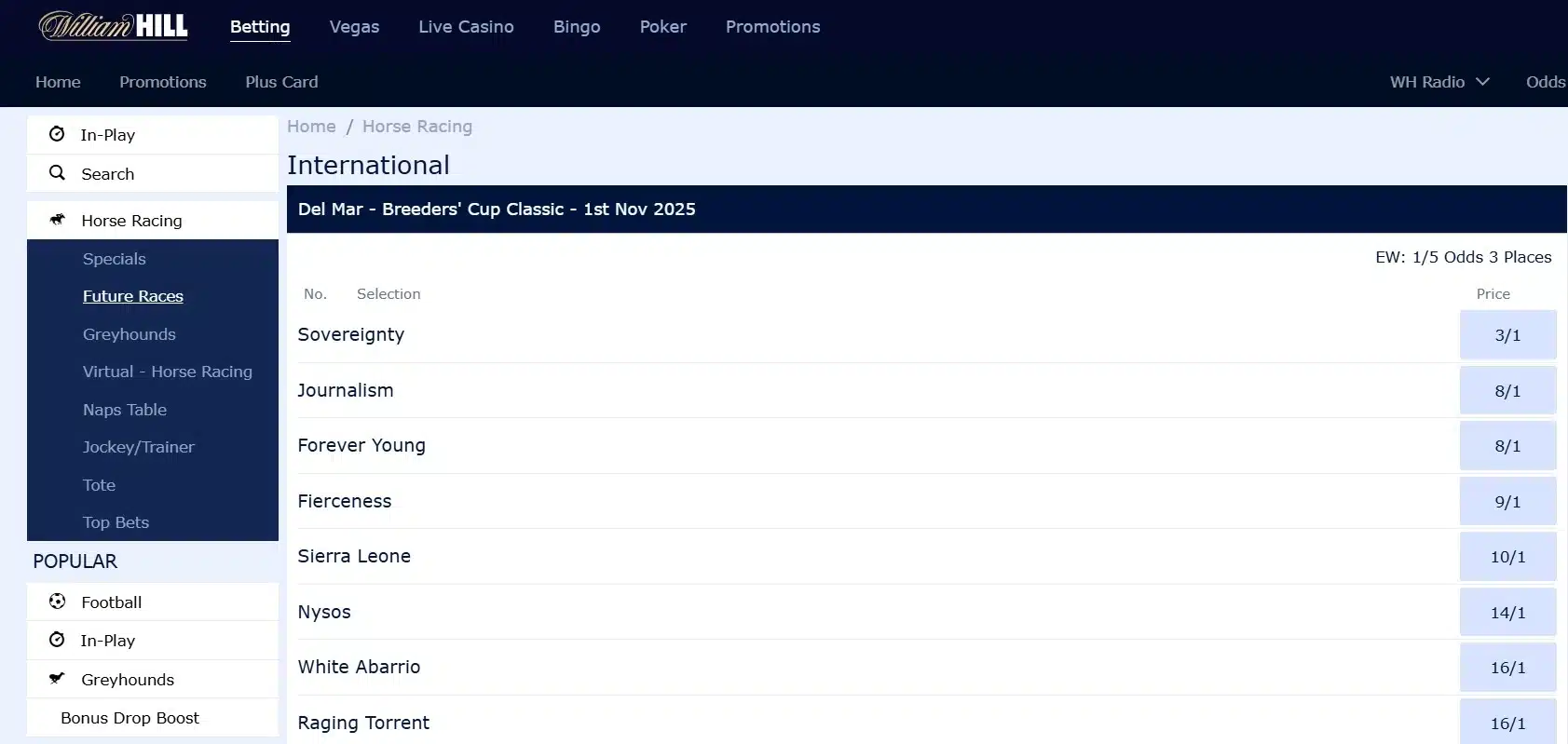 A screenshot desktop view of the horse racing odds for the Breeders' Cup Classic at William Hill.