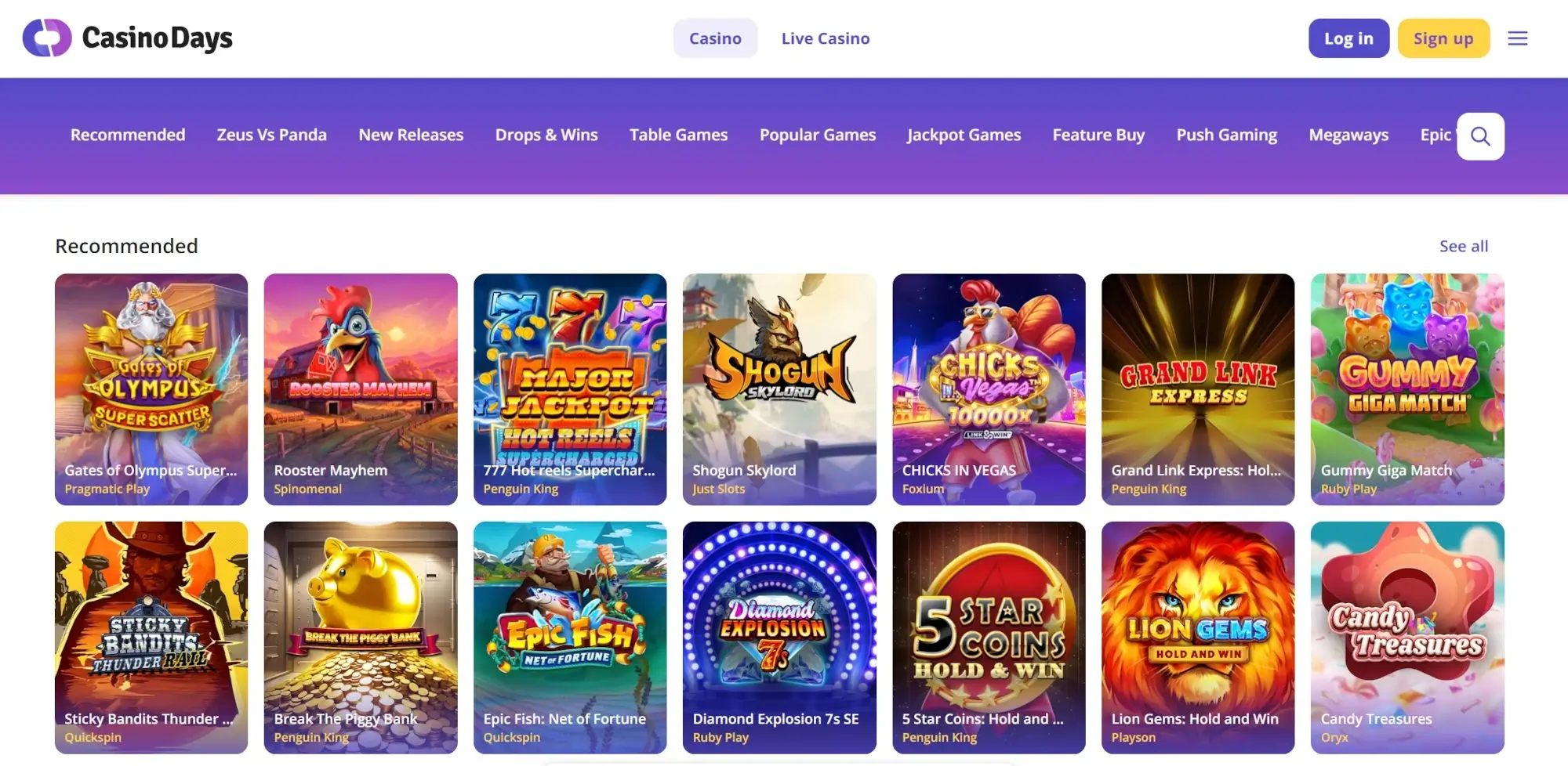 A screenshot desktop view of Casino Days' home page