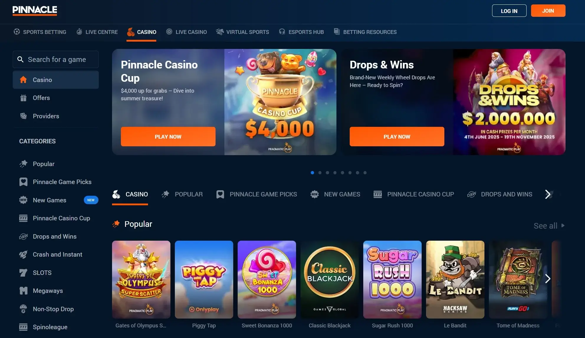 A screenshot desktop view of Pinnacle Casino's home page