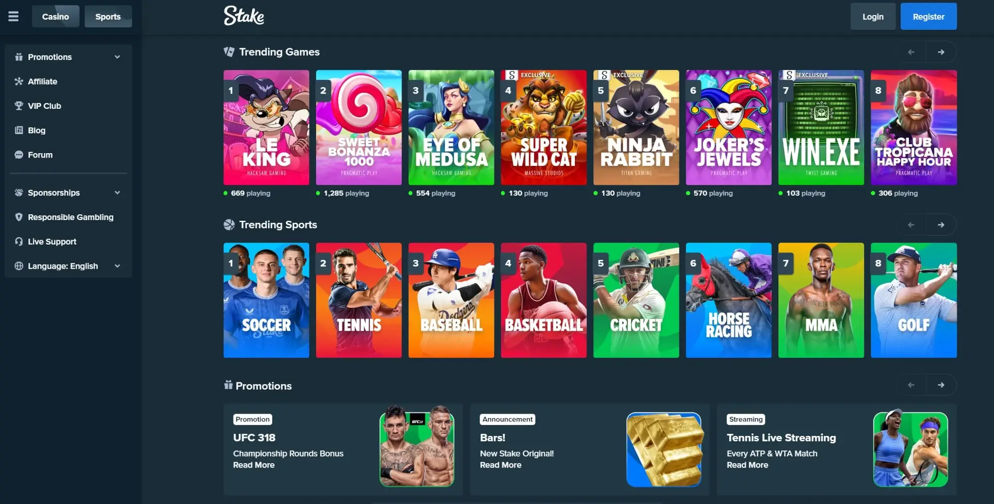 A screenshot desktop view of Stake Casino Canada's home page