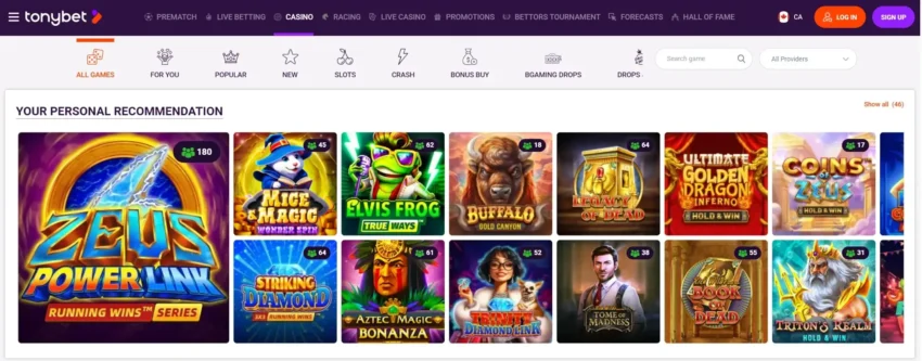 A screenshot desktop view of TonyBet Casino home page