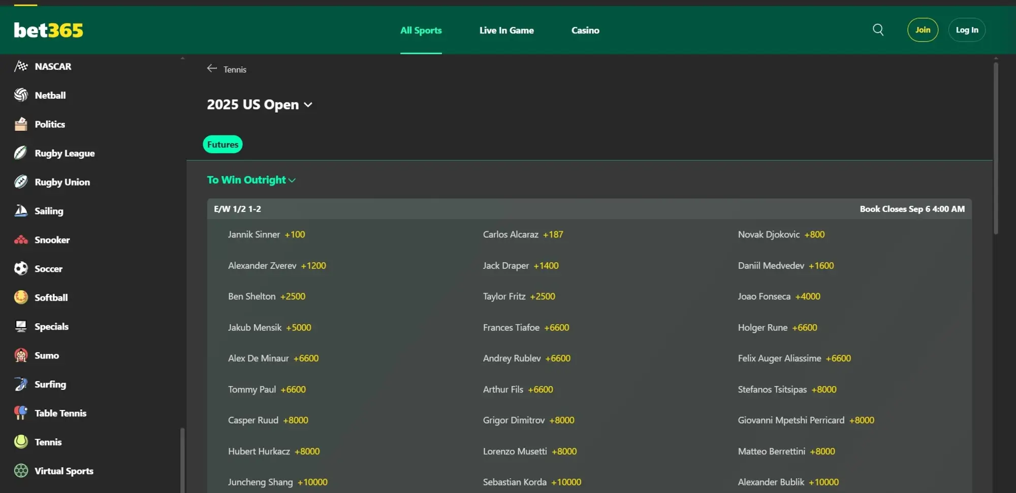 A screenshot desktop view of bet365's 2025 US Open odds