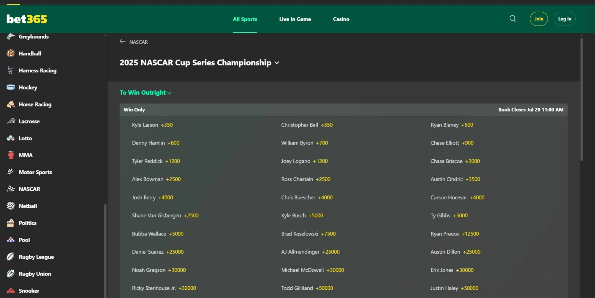 A screenshot desktop view of bet365's NASCAR Cup Series Champsionship odds