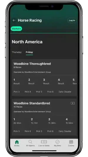 A screenshot of bet365's mobile app showing horse racing screen.