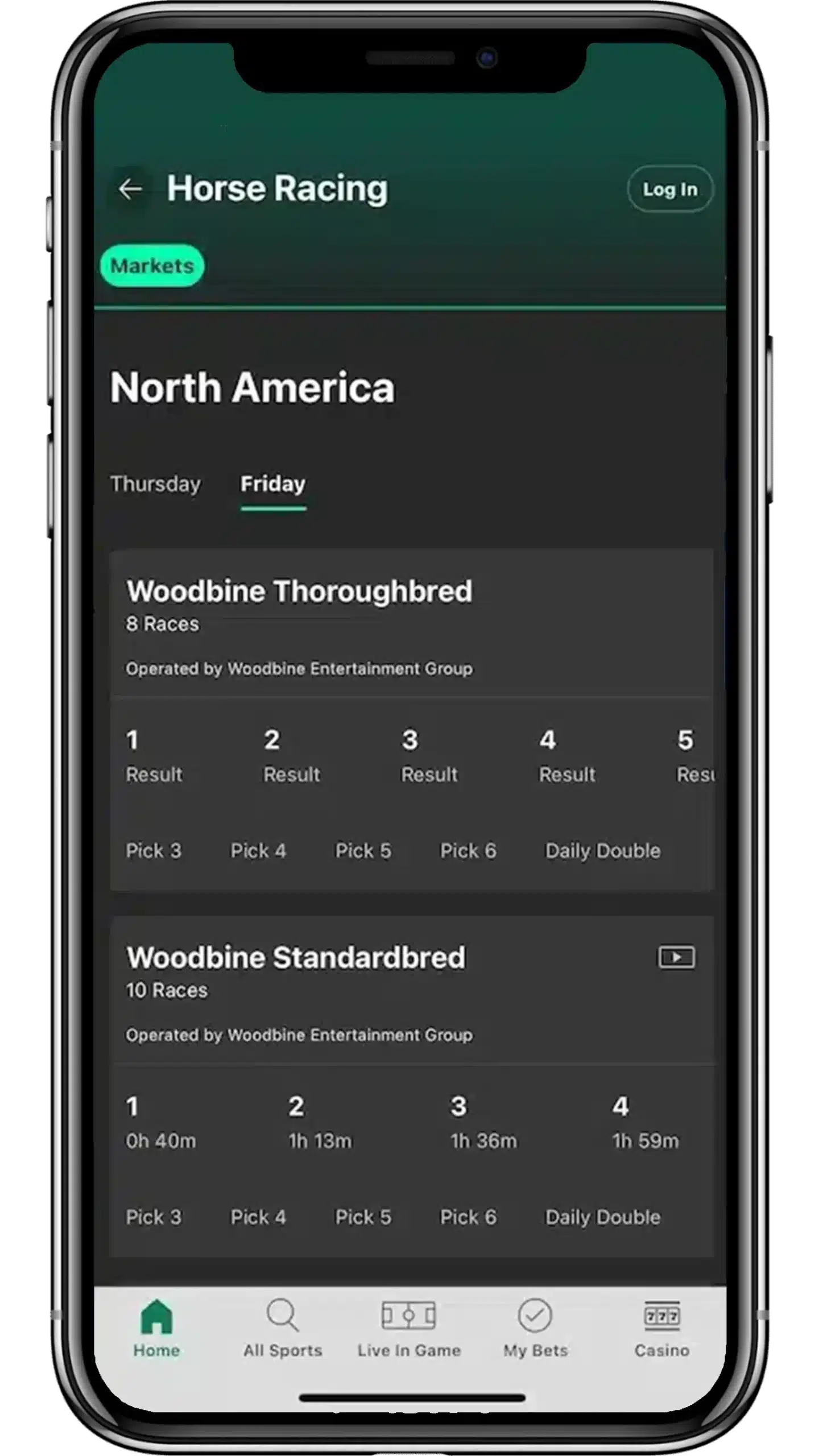 A screenshot of bet365's mobile app showing horse racing screen