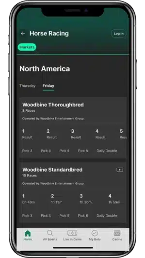 A view of a smartphone showing bet365's horse racing mobile app on the screen