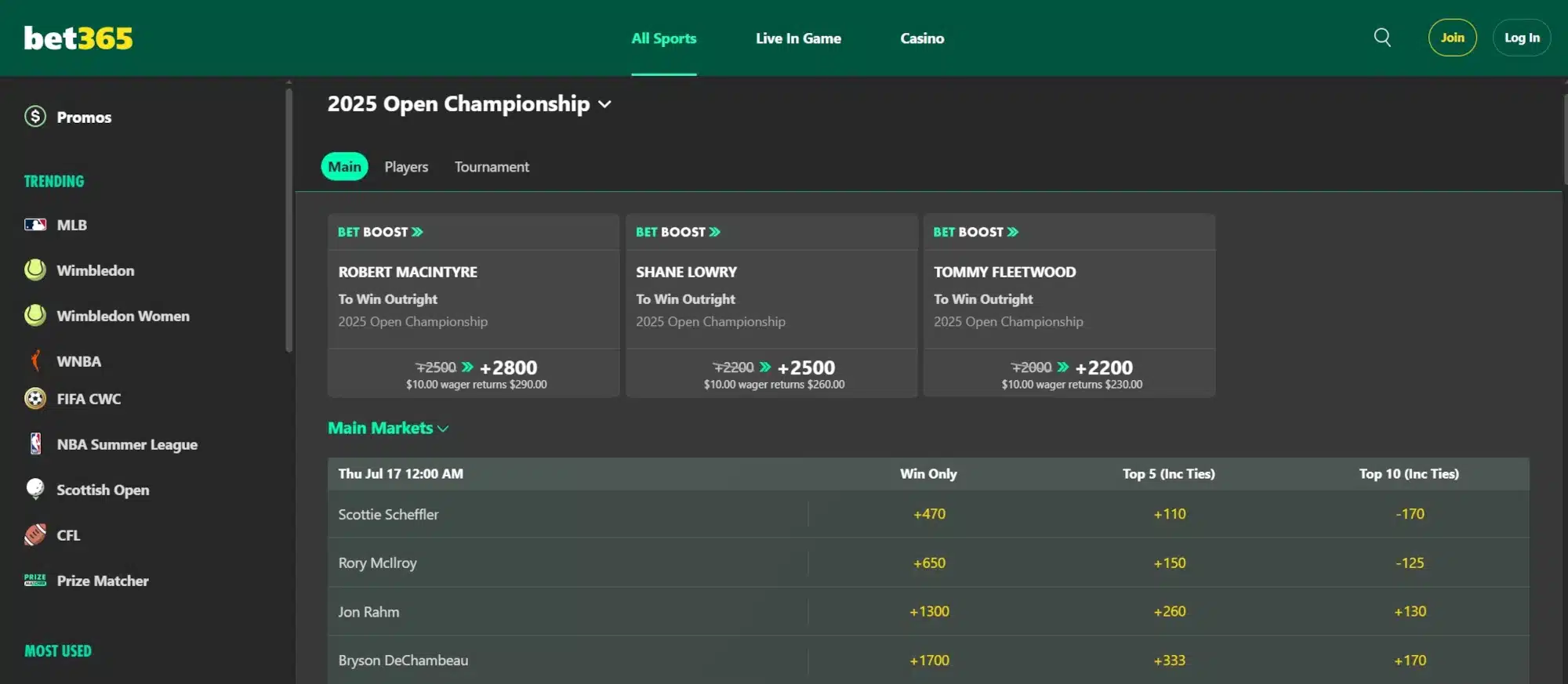 A screenshot of the desktop view of bet365 2025 Open Championship odds.