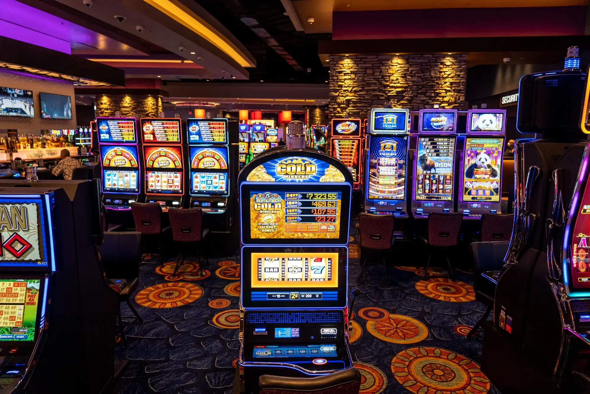 A view of traditional slot machines inside a casino