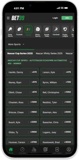 bet365 betting app1 BET99 mobile app NASCAR odds screen