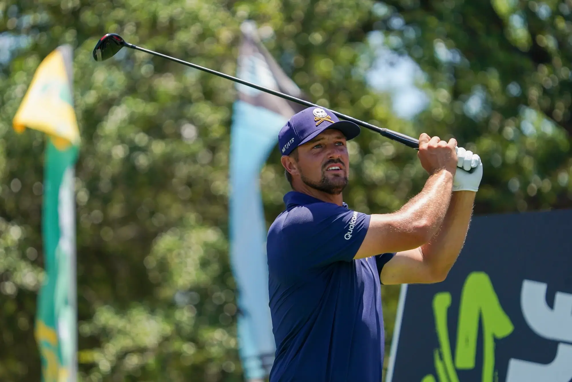 Jun 29, 2025; Carrollton, Texas, USA; Bryson DeChambeau plays his shot from the tenth tee during the final round of the LIV Golf Dallas golf tournament at Maridoe Golf Club.