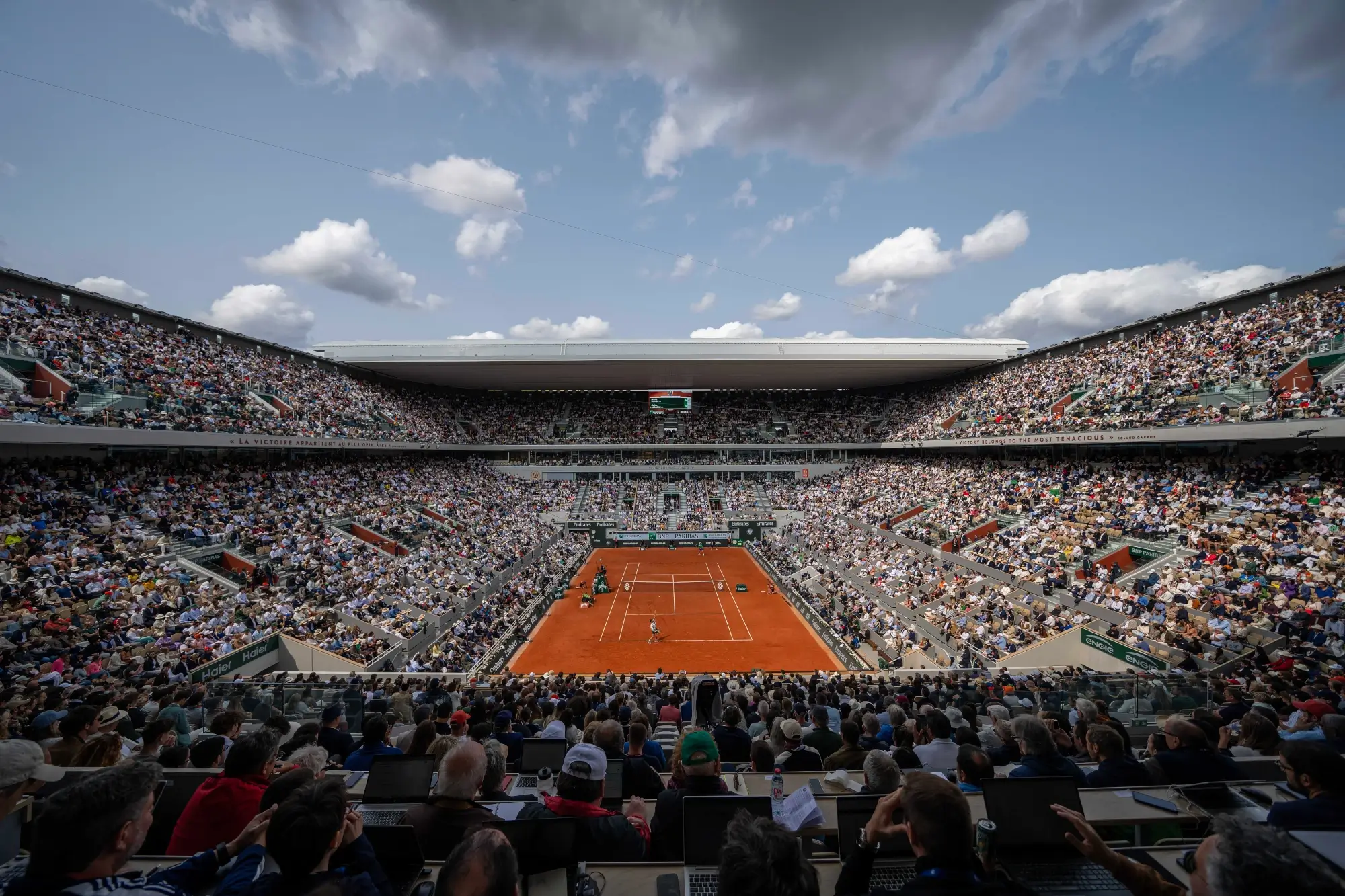 Jun 8, 2025; Paris, FR; General view of Court Philippe Chatrier for the Jannik Sinner of Italy and Carlos Alcaraz of Spain menís singles final match on day 15 at Roland Garros Stadium.