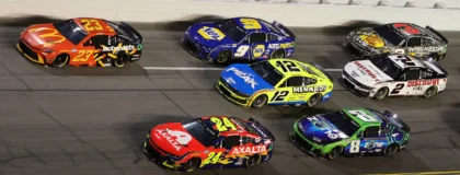 Feb 16, 2025; Daytona Beach, Florida, USA; NASCAR Cup Series drivers and cars race on the track during the Daytona 500 at Daytona International Speedway.