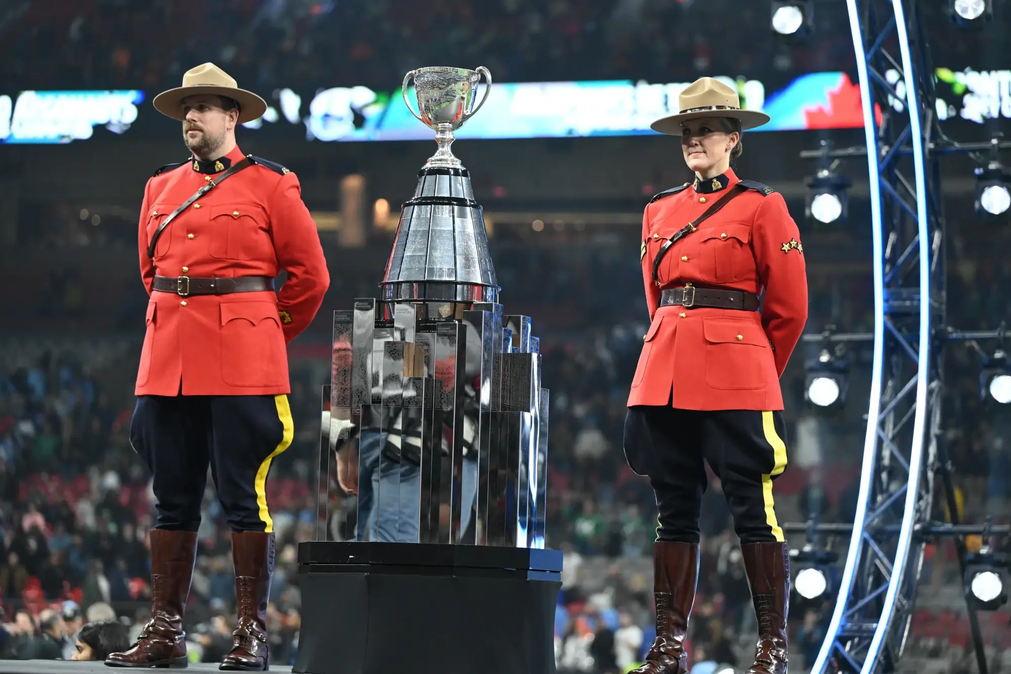 Nov 17, 2024; Vancouver, British Columbia, CAN; Grey Cup sits prior to being presented to the Toronto Argonauts after winning against the Winnipeg Blue Bombers at BC Place.