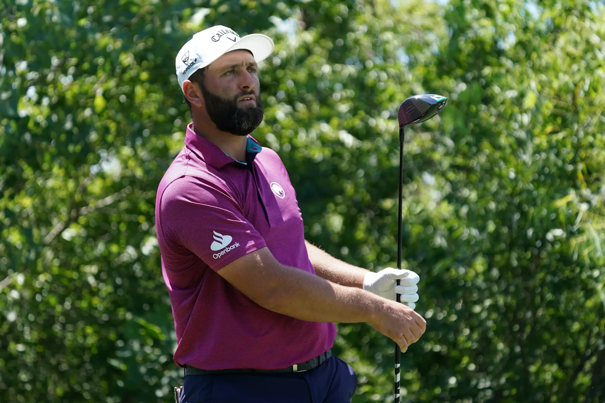 Jun 28, 2025; Carrollton, Texas, USA; Jon Rahm watches his shot from the second tee during the second round of the LIV Golf Dallas golf tournament at Maridoe Golf Club.