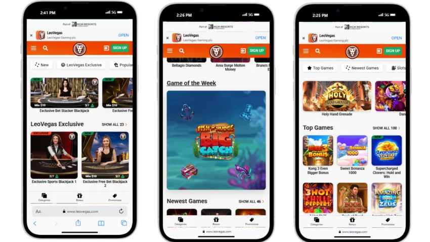LeoVegas casino app mockup in iphone.