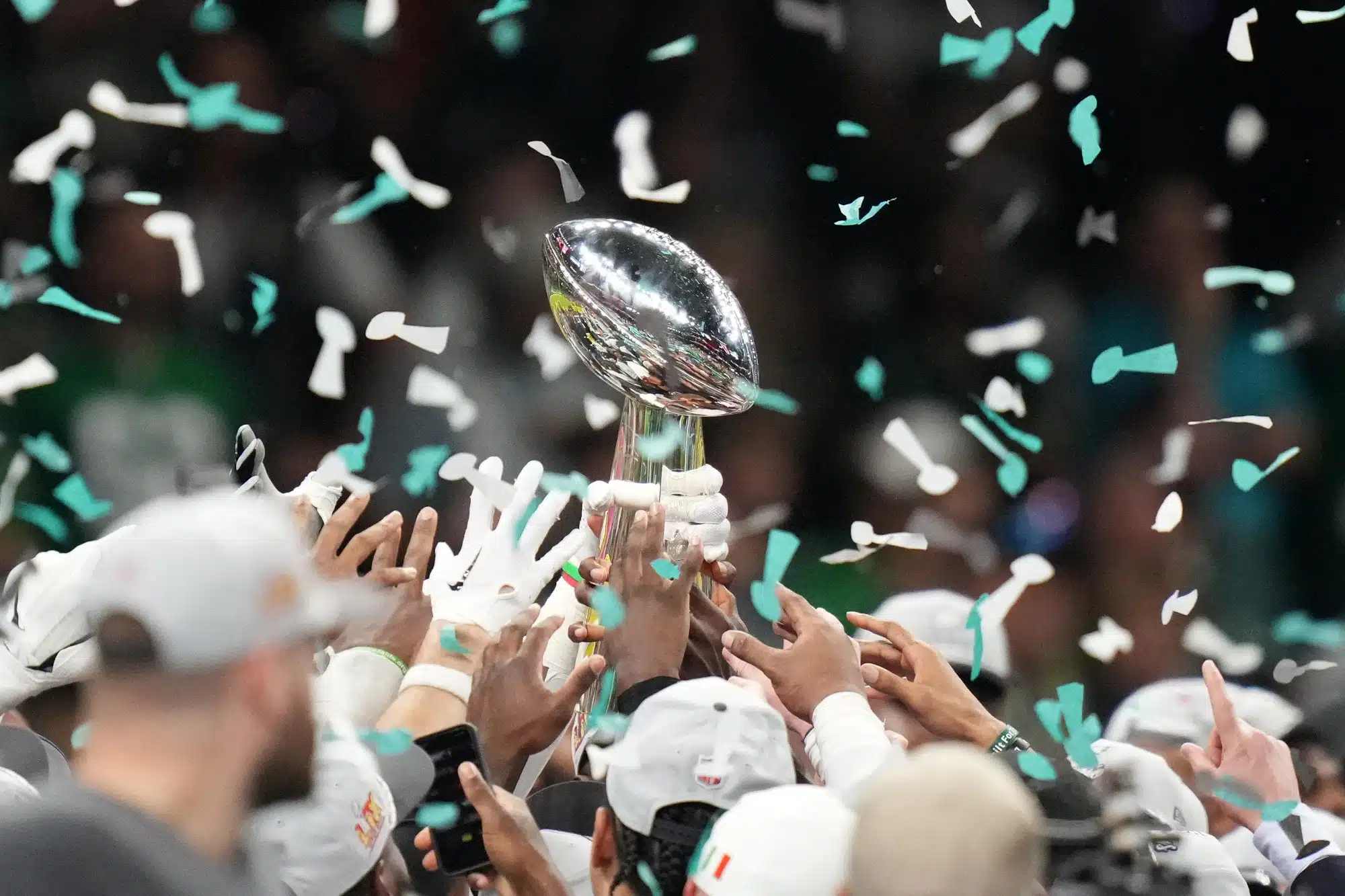 Feb 9, 2025; New Orleans, LA, USA; The Philadelphia Eagles hoist the Vince Lombardi Trophy after defeating the Kansas City Chiefs in Super Bowl LIX at Ceasars Superdome.