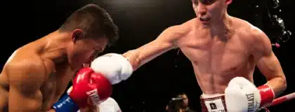 At right, Ricardo Sandoval of Riverside lands a shot on Raymond Tabugon of the Philippines during their flyweight bout at Fantasy Springs Casino.