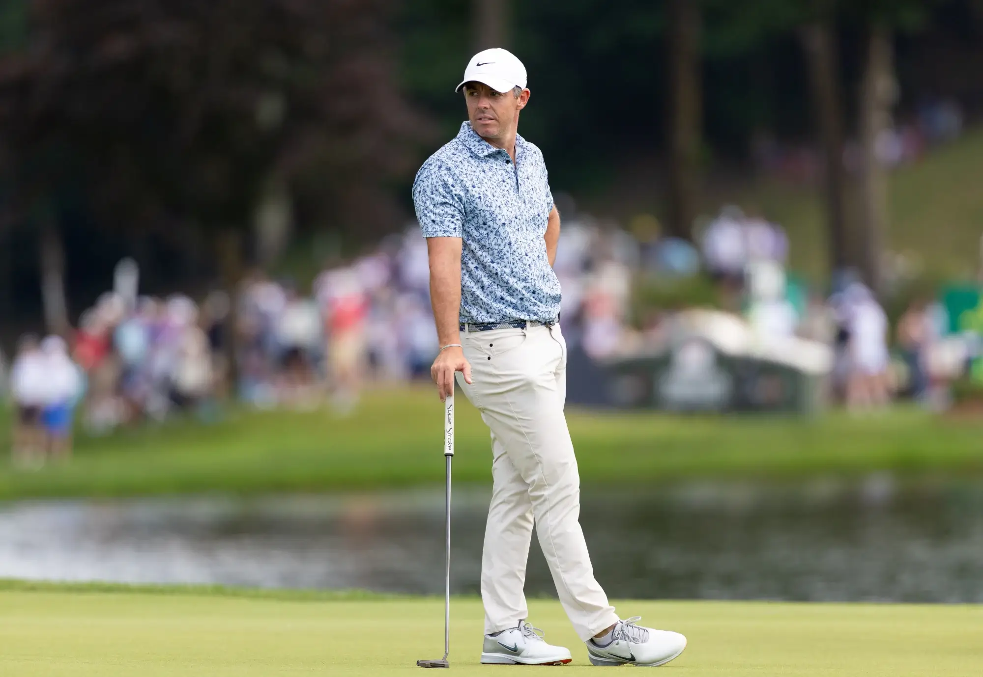 Jun 21, 2025; Cromwell, Connecticut, USA; Rory McIlroy looks on on the 17th green during the third round of the Travelers Championship golf tournament. 