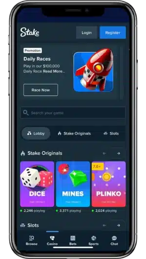 A screenshot view of Stake Casino's mobile app