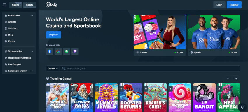 A screenshot desktop view of Stake Casino's home page
