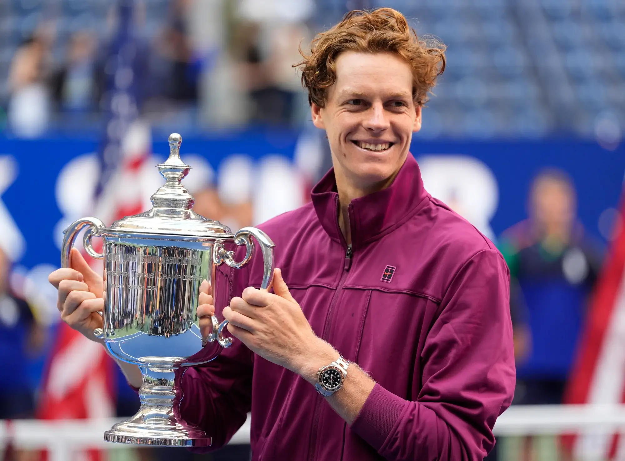 Sep 8, 2024; Flushing, NY, USA; Jannik Sinner (ITA) celebrates with the trophy after defeating Taylor Fritz (USA) in the men’s singles final of the 2024 U.S. Open tennis tournament at USTA Billie Jean King National Tennis Center.