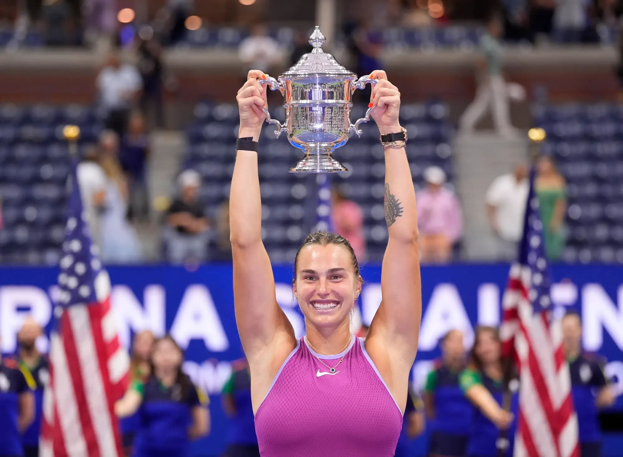 Sept 7, 2024; Flushing, NY, USA Aryna Sabalenka with the US Open Trophy after beating Jessica Pegula (USA) in the women's singles final on day thirteen of the 2024 U.S. Open tennis tournament at USTA Billie Jean King National Tennis Center. 