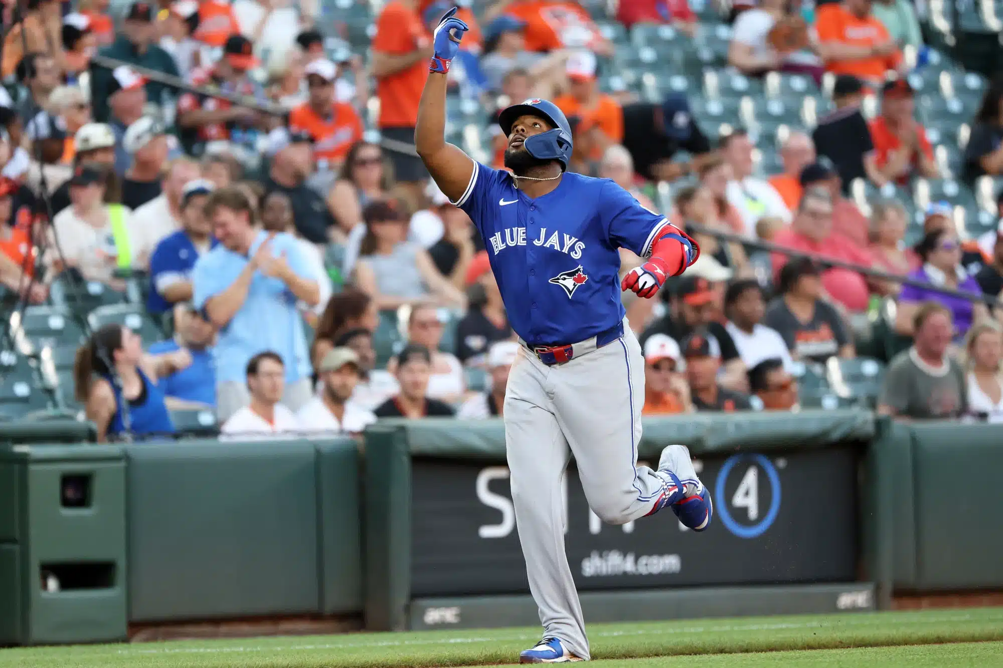 Jul 28, 2025; Baltimore, Maryland, USA; Toronto Blue Jays first baseman Vladimir Guerrero Jr. (27) celebrates after hitting a home run during the third inning against the Baltimore Orioles at Oriole Park at Camden Yards. 