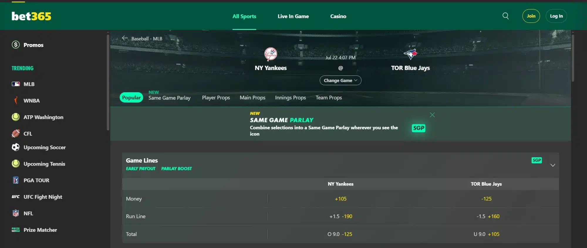 A screenshot desktop view of Blue Jays odds from bet365.