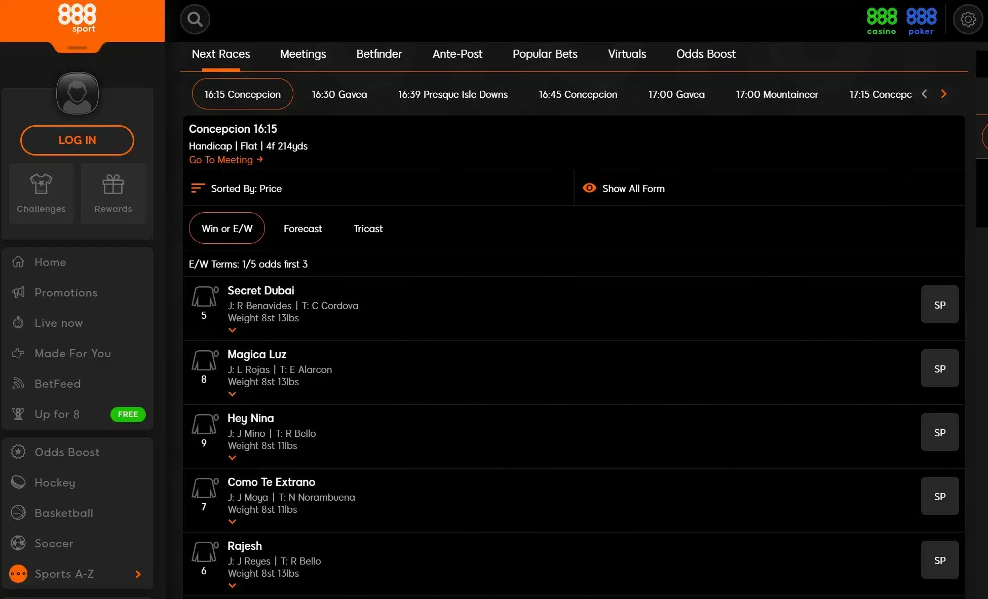 A screenshot desktop view of 888Sport's horse racing betting page