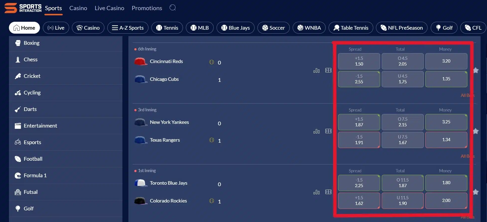 A screenshot desktop view of Sports Interaction's MLB decimal odds