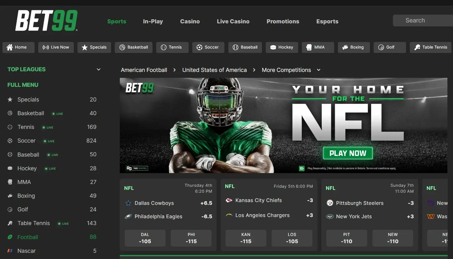 A screenshot of the desktop view of BET99's NFL Odds.