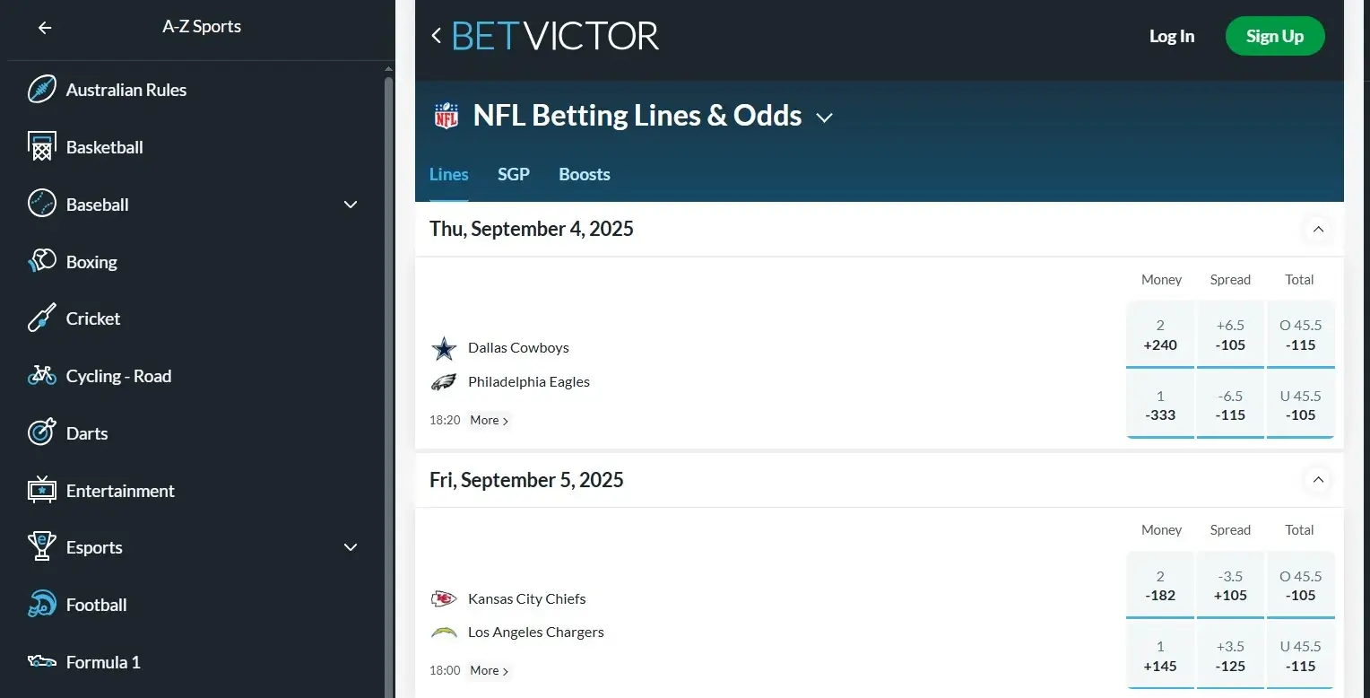 py-4 A screenshot of the desktop view of BetVictor's NFL Odds.