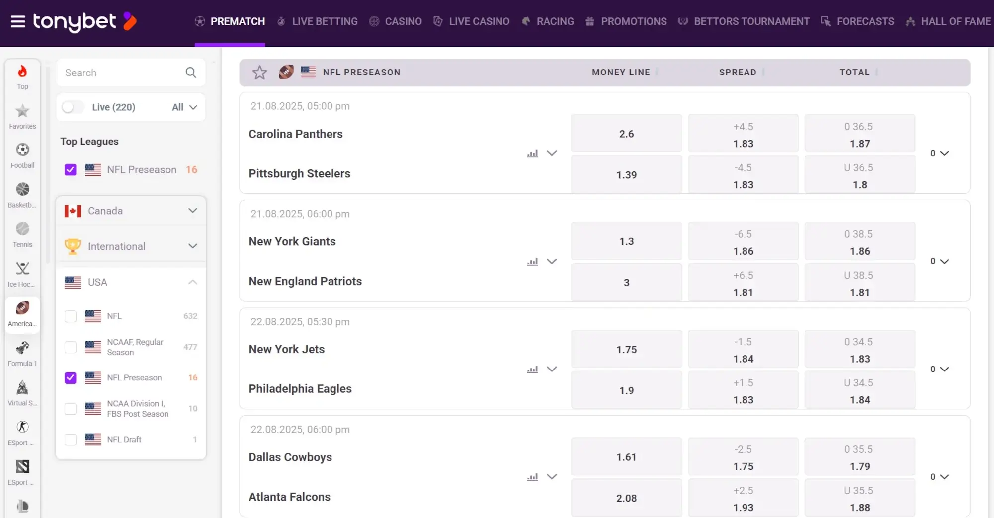 A screenshot of the desktop view of TonyBet's NFL Odds.