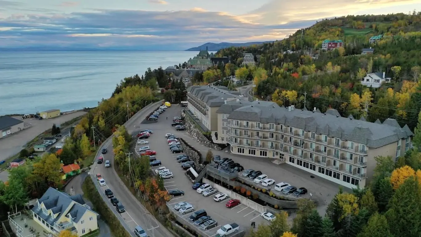 An arial view of Hotel Casino Charlevoix on the banks of the St. Lawrence river