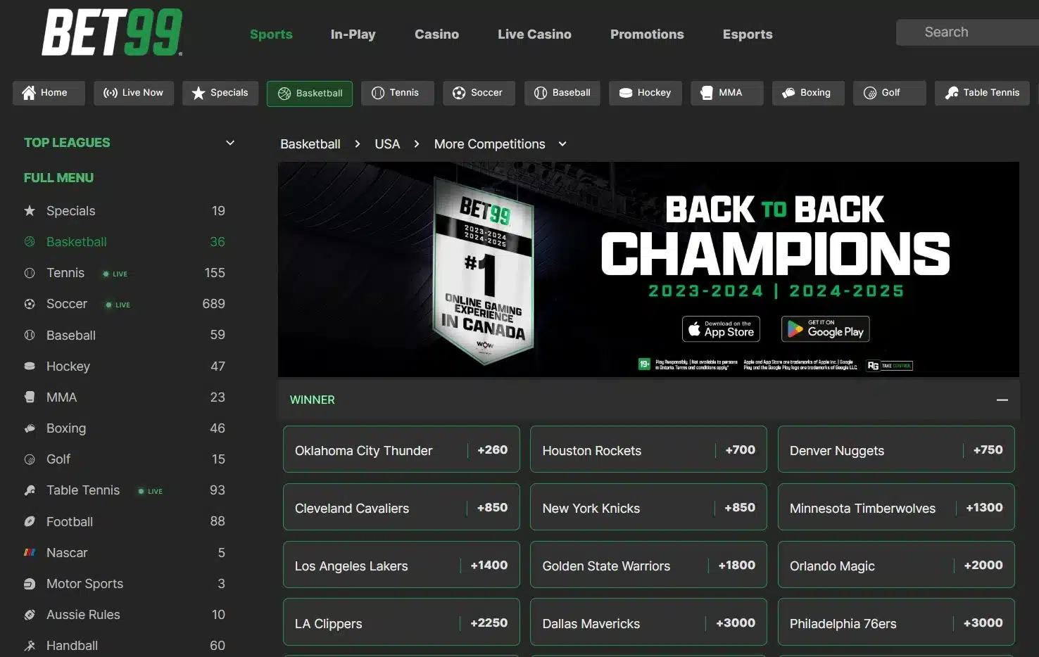 A screenshot of the desktop view of BET99's NBA betting odds