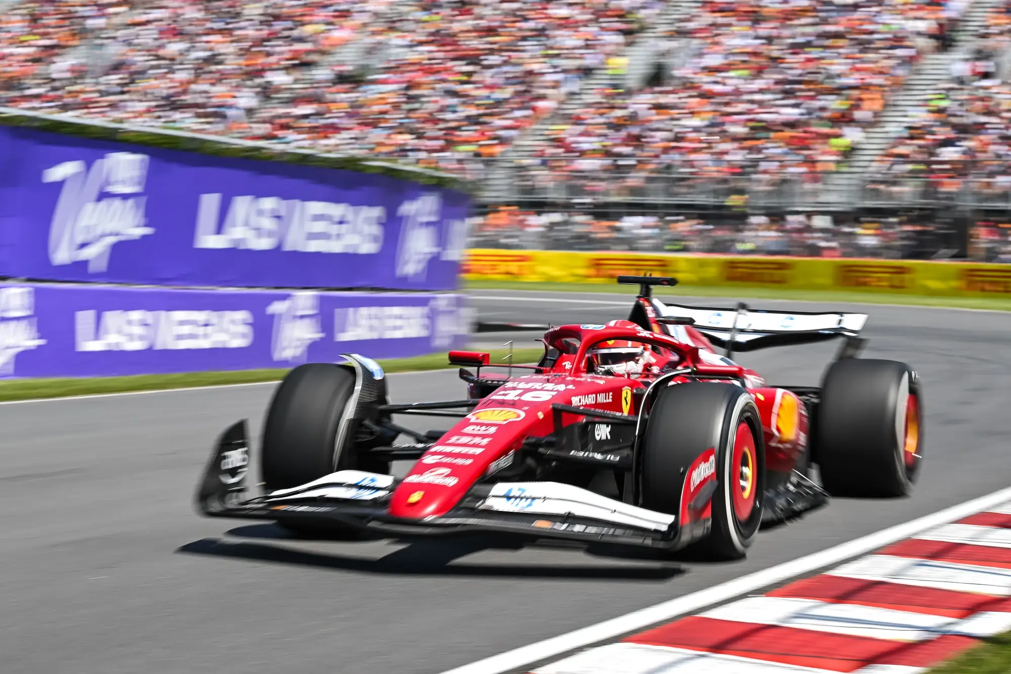 Jun 15, 2025; Montreal, Quebec, Canada; Ferrari driver Charles Leclerc (16) during the F1 Canadian Grand Prix at Circuit Gilles-Villeneuve. 
