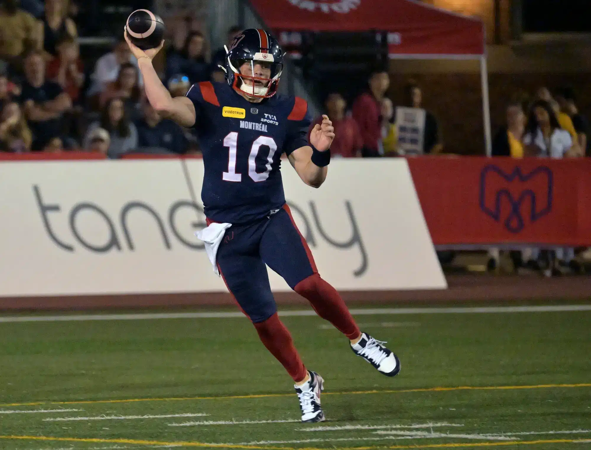 Jun 6, 2025; Montreal, Quebec, Canada; Montreal Alouettes quarterback Davis Alexander (10) passes the ball during the second half against the Toronto Argonauts at Percival-Molson stadium. 