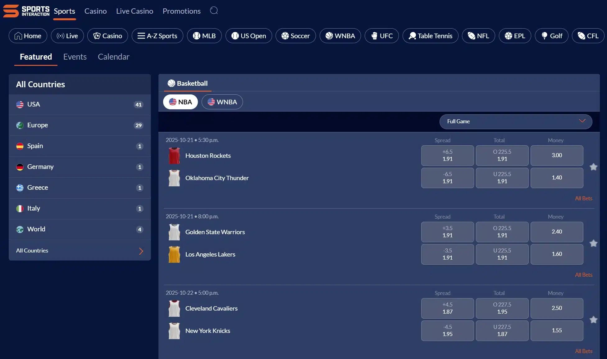 A screenshot of the desktop view of Sports Interaction's NBA betting odds