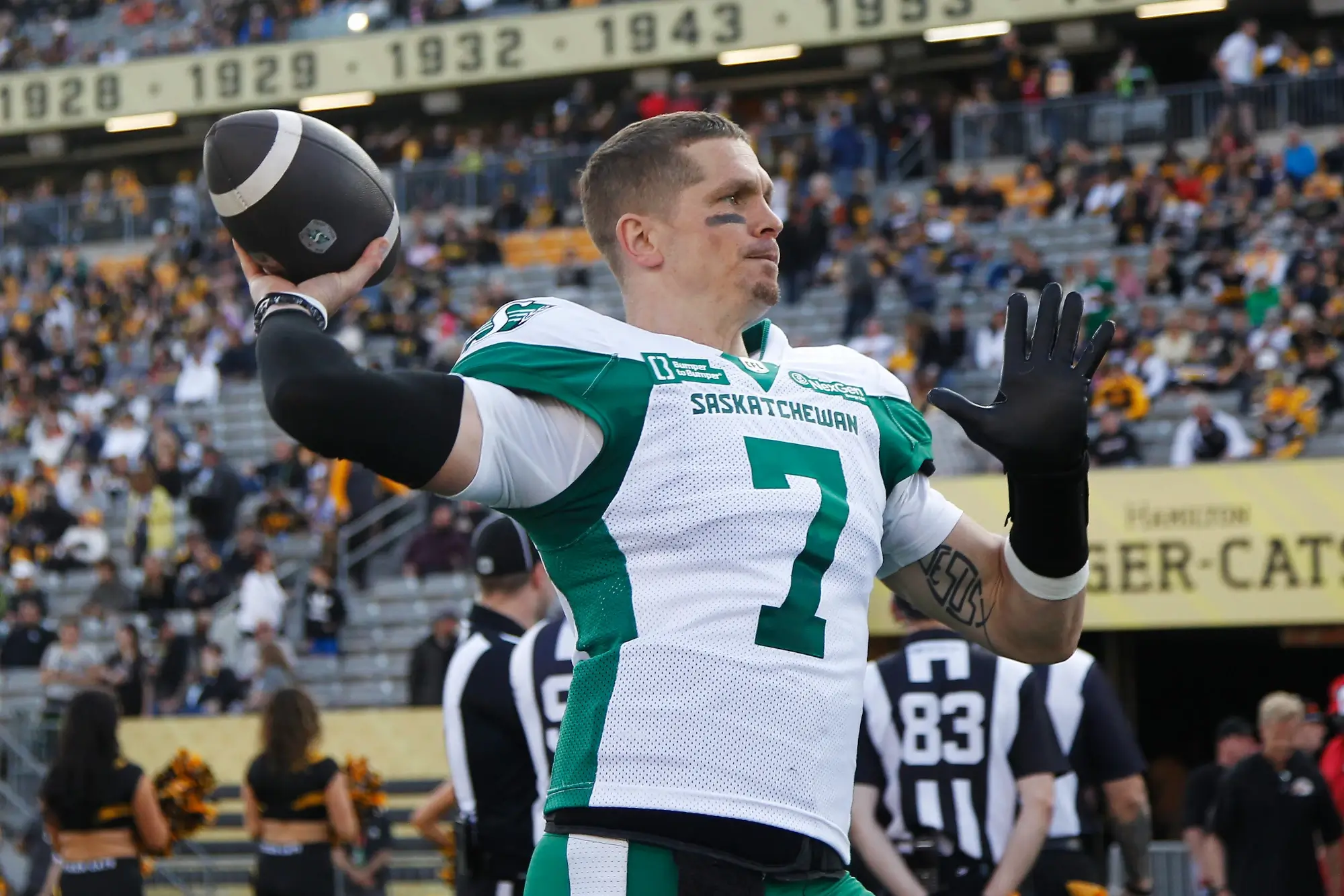 Jun 14, 2025; Hamilton, Ontario, Canada; Saskatchewan Roughriders quarterback Trevor Harris (7) warms up before a game against the Hamilton Tiger-Cats at Hamilton Stadium.
