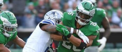 Philadelphia Eagles running back Saquon Barkley (26) is tackled by Dallas Cowboys cornerback Jourdan Lewis (2) during the second quarter at Lincoln Financial Field