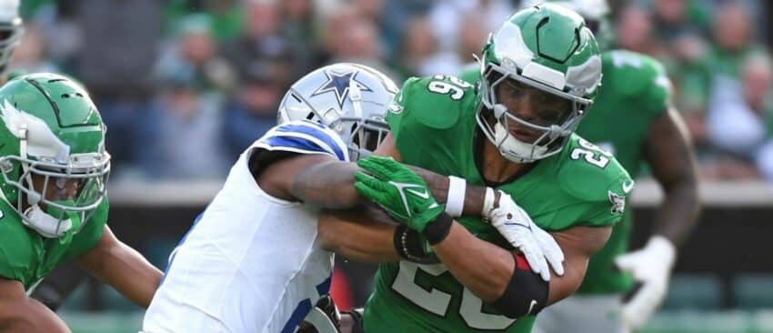 Philadelphia Eagles running back Saquon Barkley (26) is tackled by Dallas Cowboys cornerback Jourdan Lewis (2) during the second quarter at Lincoln Financial Field