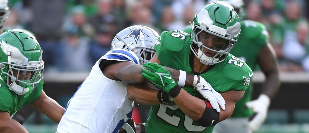 Philadelphia Eagles running back Saquon Barkley (26) is tackled by Dallas Cowboys cornerback Jourdan Lewis (2) during the second quarter at Lincoln Financial Field