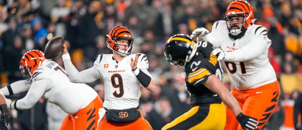 Cincinnati Bengals quarterback Joe Burrow (9) throws from the pocket in the first quarter of the NFL Week 18 game between the Pittsburgh Steelers and the Cincinnati Bengals at Acrisure Stadium in Pittsburgh on Saturday, Jan. 4, 2025.
