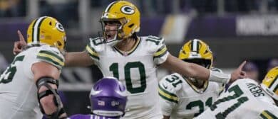 Green Bay Packers quarterback Jordan Love (10) makes an adjustment at the line during the first quarter of their game against the Minnesota Vikings Sunday, December 29, 2024 at U.S. Bank Stadium in Minneapolis, Minnesota.el