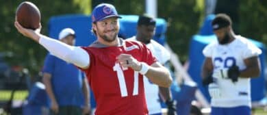 Bills quarterback Josh Allen throws on the sidelines during the opening day of Buffalo Bills training camp at St. John Fisher University Wednesday, July 23, 2025 in Pittsford.