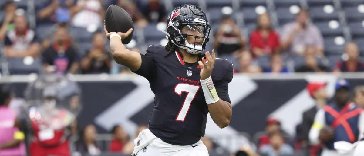 Houston Texans quarterback C.J. Stroud (7) attempts a pass during the first quarter against the Carolina Panthers at NRG Stadium.