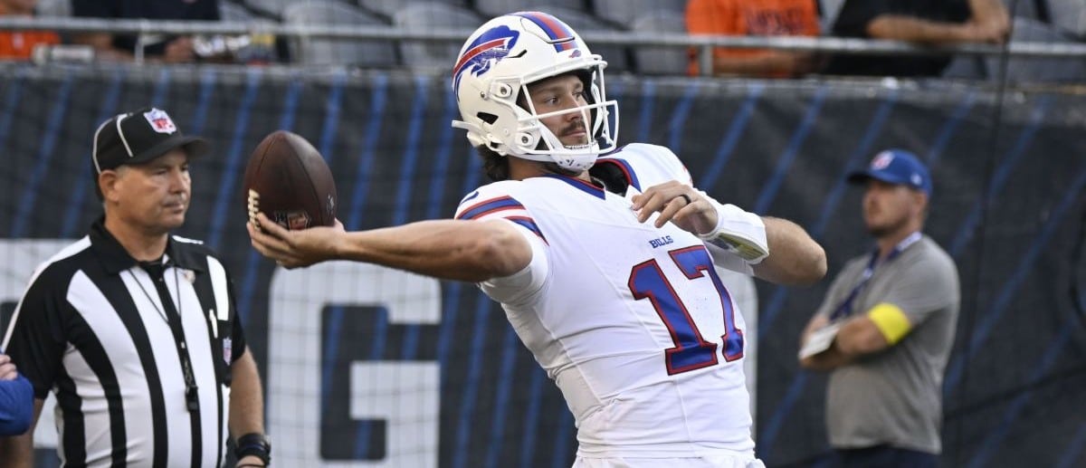 Buffalo Bills quarterback Josh Allen (17) during warmups before a preseason game against the Chicago Bears at Soldier Field.